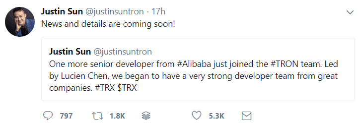 Tron Alibaba Senior Hire Tweet